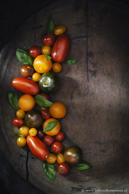 Galette van gekleurde tomaten, geitenkaas en ui